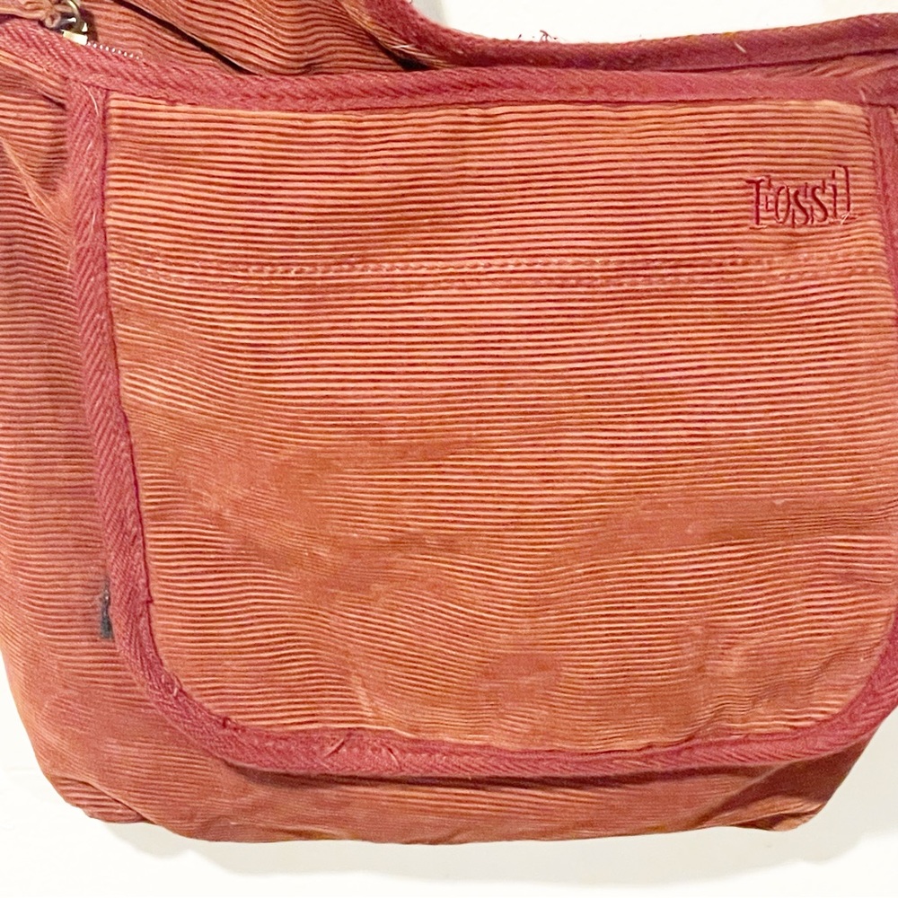 Fossil Red Corduroy Crossbody Side‎ Bag Velcro Flap Travel Deep - Picture 2 of 6